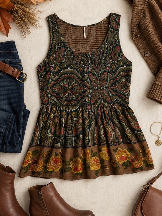 Free People Tops - Free People Paisley Floral Smocked Boho Babydoll Tunic Top M